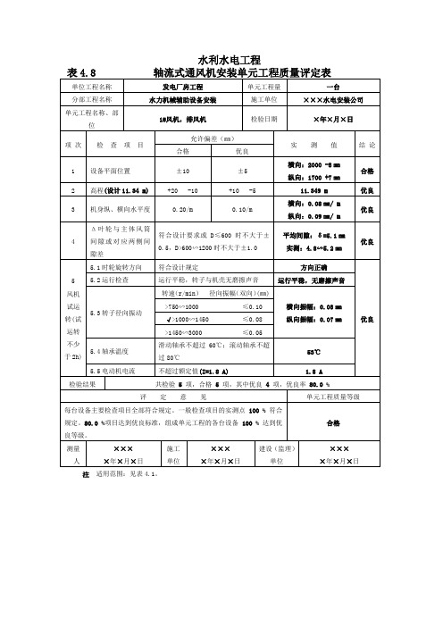 轴流式通风机安装单元工程质量评定表