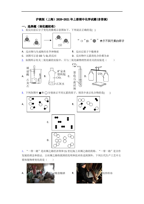 沪教版(上海)2020-2021年上册期中初三化学试题(含答案)