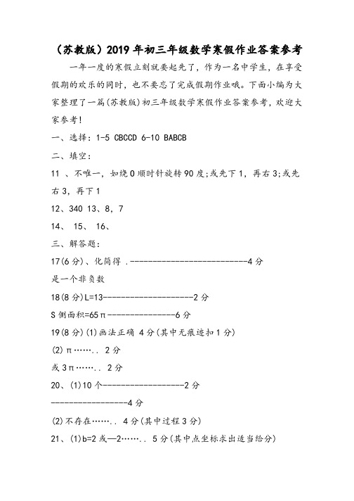 (苏教版)初三年级数学寒假作业答案参考