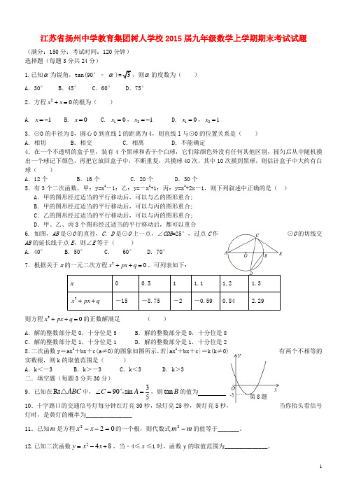 江苏省扬州中学教育集团树人学校九年级数学上学期期末