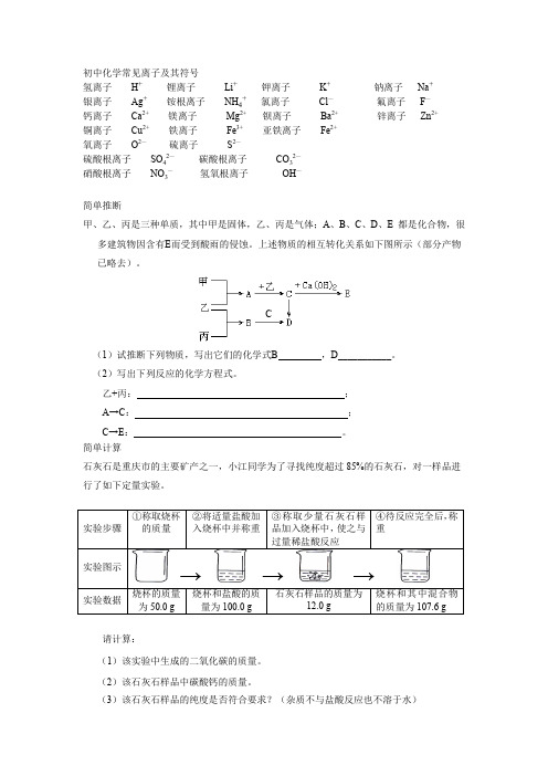 初中化学常见离子符号