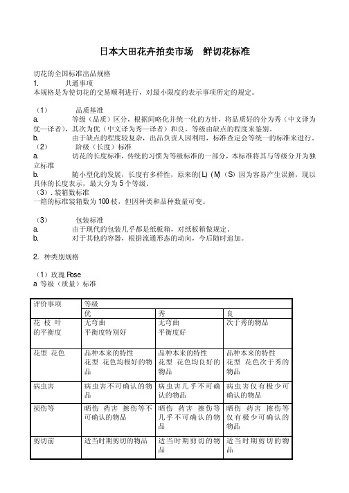 日本大田花卉拍卖市场鲜切花标准切花的全国标准出品规格