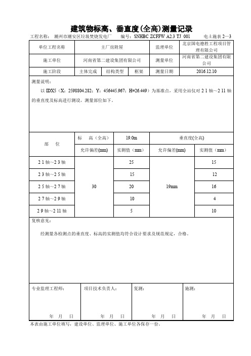 主厂房附屋垂直度、标高测量记录