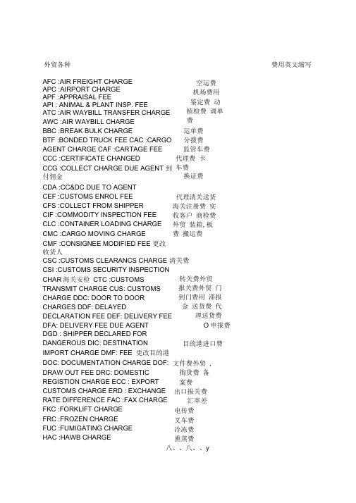 外贸各种费用英文缩写