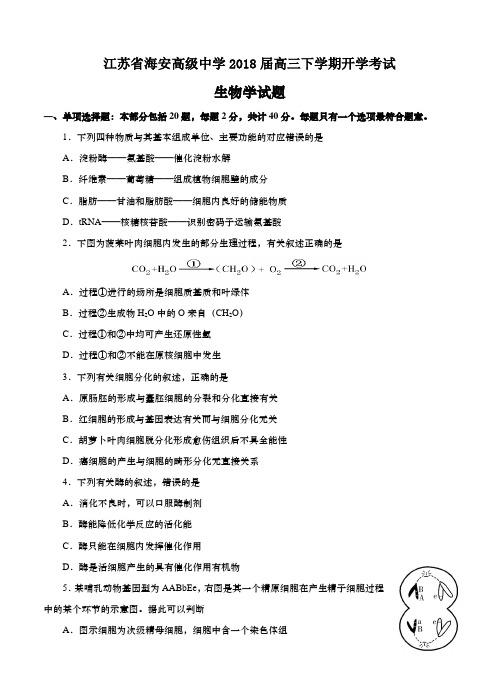 江苏省海安中学2018届高三下学期开学考试生物试卷(含答案)