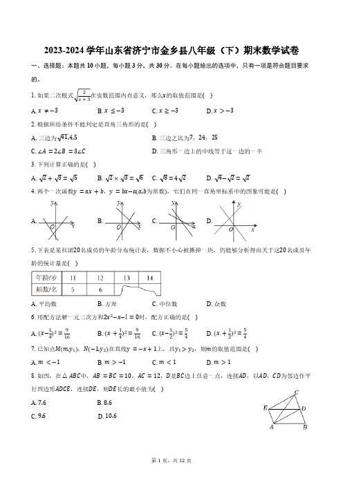 2023-2024学年山东省济宁市金乡县八年级(下)期末数学试卷(含答案)