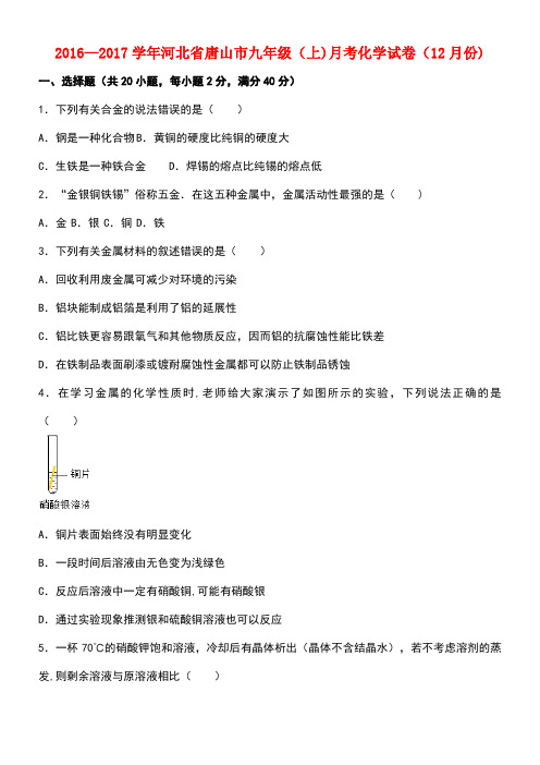 河北省唐山市九年级化学上学期12月月考试卷(含解析)新人教版