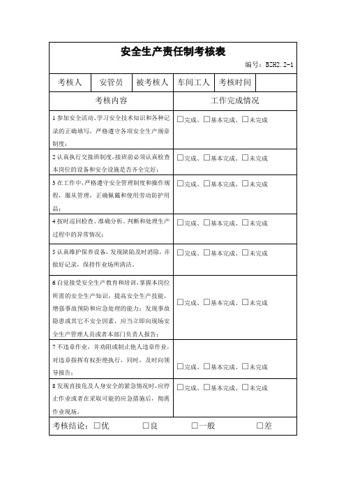 车间工人安全生产责任制考核表