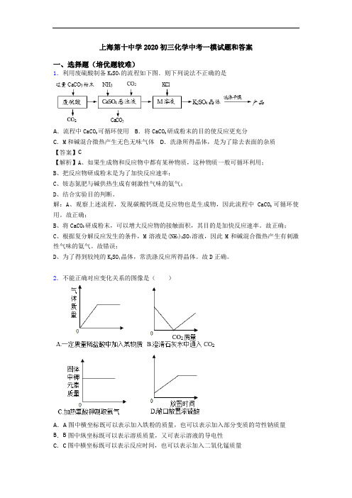 上海第十中学2020初三化学中考一模试题和答案