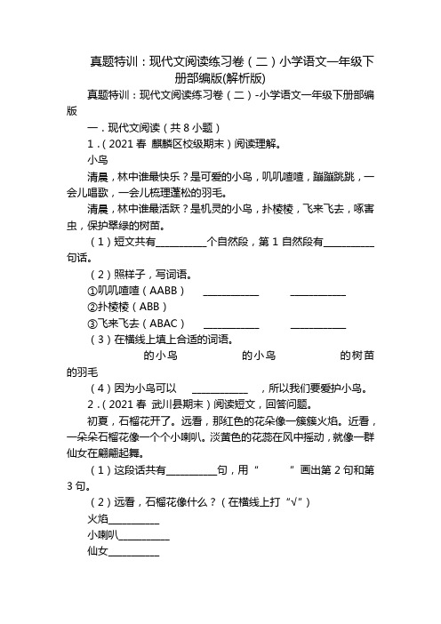 真题特训：现代文阅读练习卷(二)小学语文一年级下册部编版(解析版)