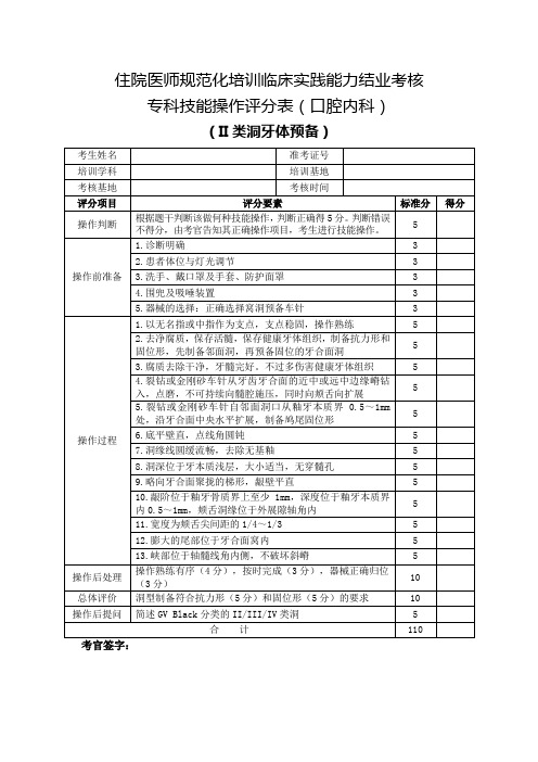 住院医师规范化培训临床实践能力结业考核专科技能操作评分表(口腔内科)II类洞牙体预备