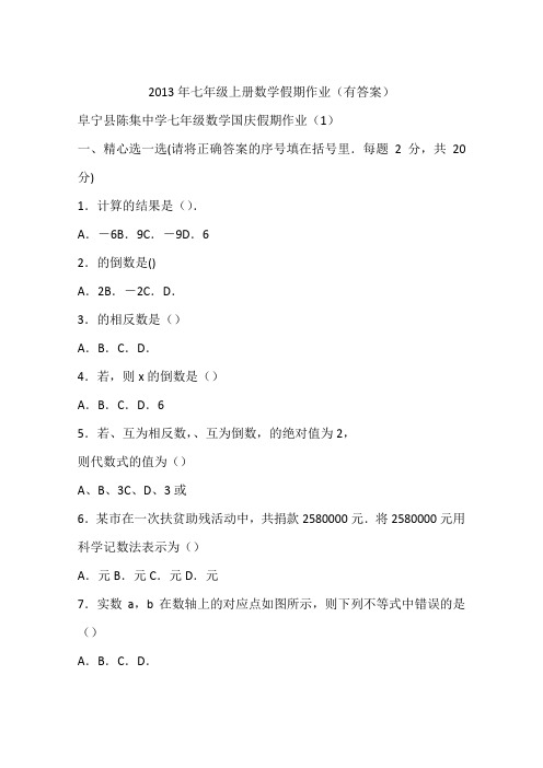 2013年七年级上册数学假期作业(有答案)