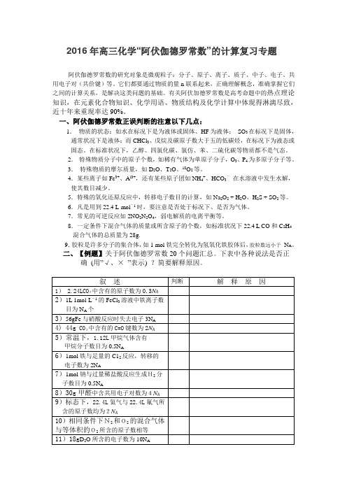 2016年高三化学“阿伏伽德罗常数”的计算复习专题全解