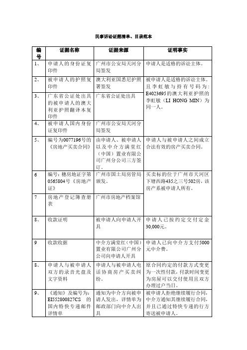 民事诉讼证据清单、目录范本