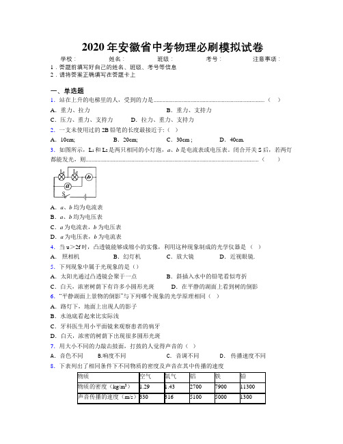 2020年安徽省中考物理必刷模拟试卷附解析