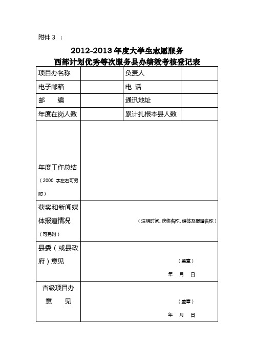 2012-2013年度大学生志愿服务西部计划优秀等次服务县和高校项目办绩效考核登记表