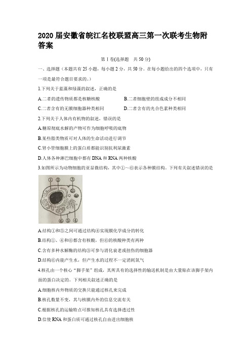 2020届安徽省皖江名校联盟高三第一次联考生物附答案