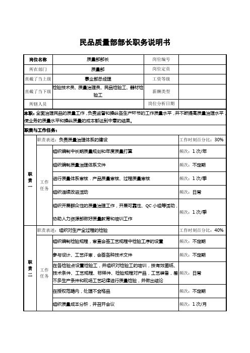 民品质量部部长职务说明书