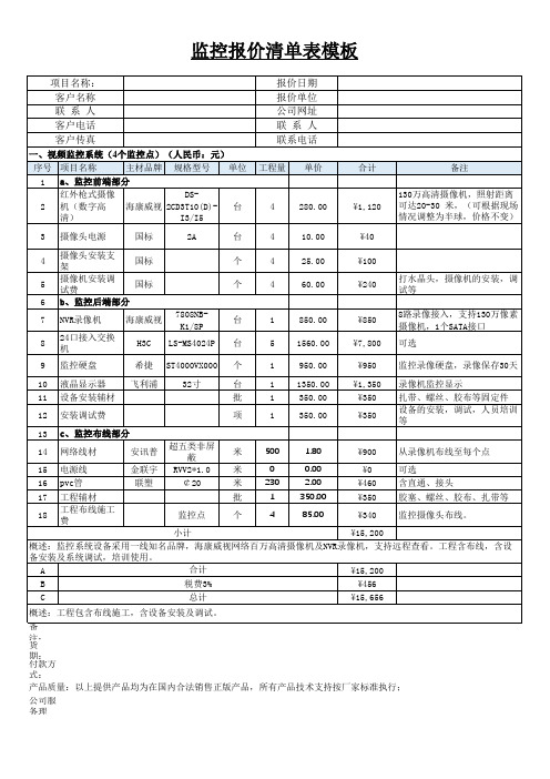 监控报价清单表模板