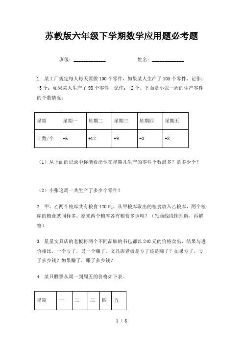 苏教版六年级下学期数学应用题必考题