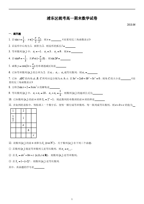 2019浦东统考高一期末