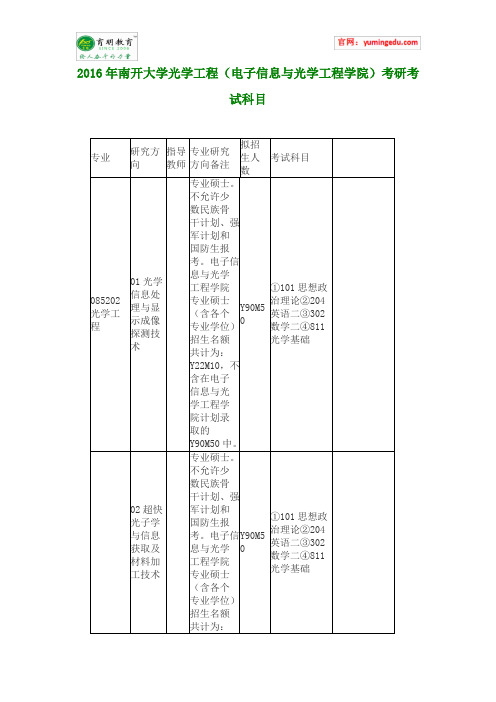 2016年南开大学光学工程(电子信息与光学工程学院)考研考试科目