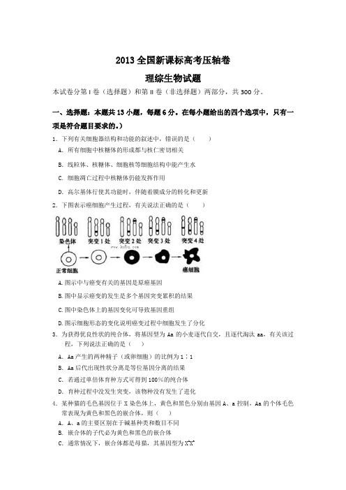 2013全国新课标高考压轴卷理科综合能力测试生物卷1(解析版)