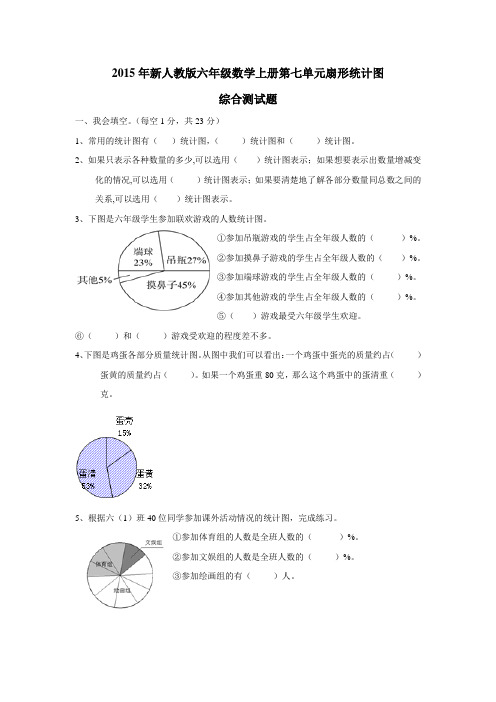 山东省15—16学年上学期六年级数学(人教新课标)第七单元扇形统计图综合测试题(附答案) (1)