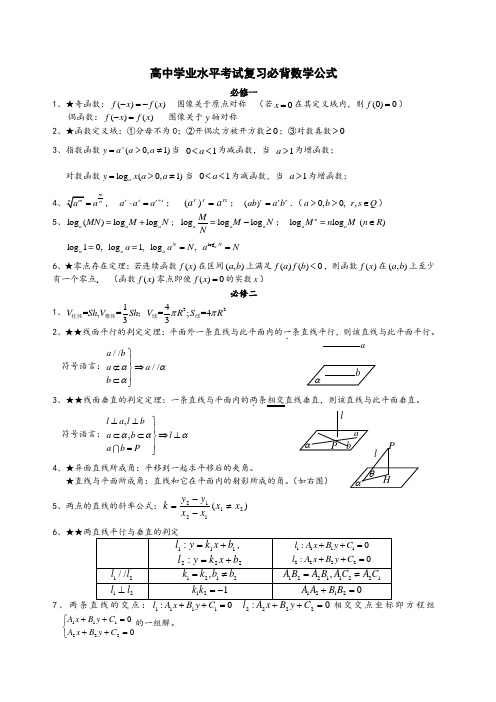 高中数学必背数学公式(学业水平考试)