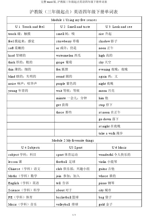 完整word版,沪教版三年级起点英语四年级下册单词表