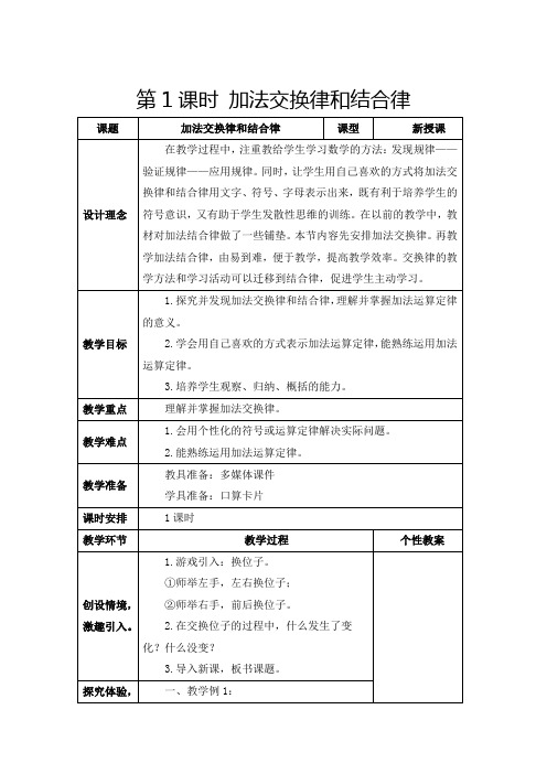 人教版四年级下册《加法交换律和结合律》教学设计及反思