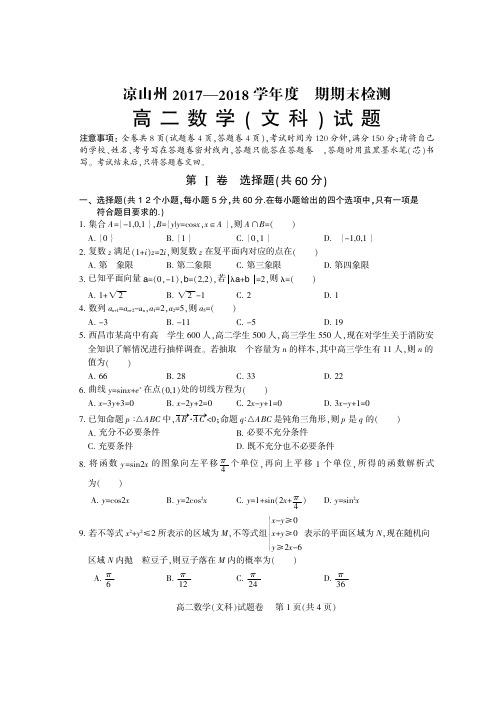 2018年下学期凉山中小学期末考试题-高二数学(文科)