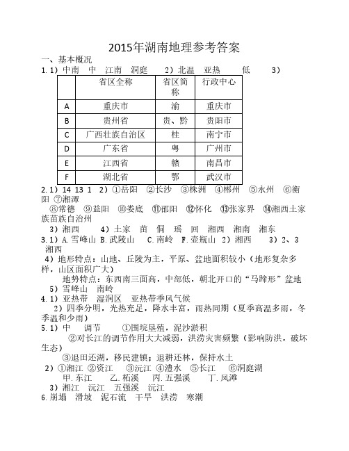 2015年湖南地理参考答案