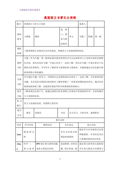 高中政治选修3教学设计4：2.1 英国国王与君主立宪制精品教案