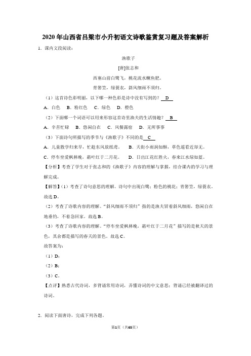 2020年山西省吕梁市小升初语文诗歌鉴赏复习题及答案解析