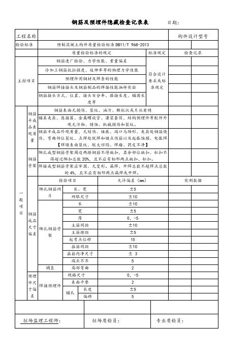 钢筋及预埋件隐藏检查记录表