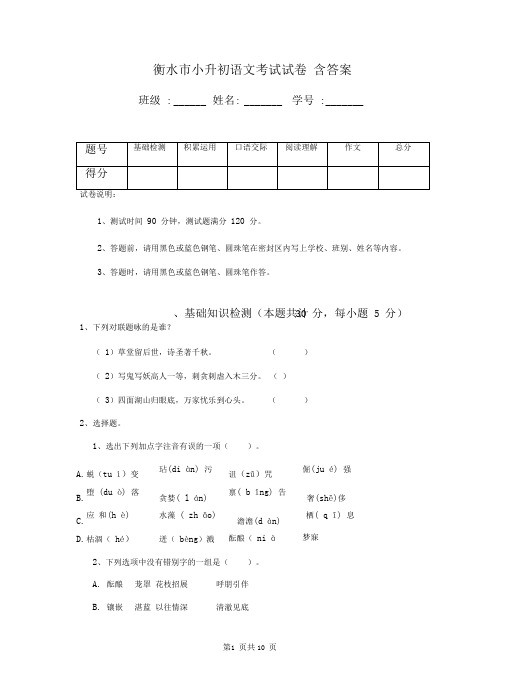 衡水市小升初语文考试试卷含答案