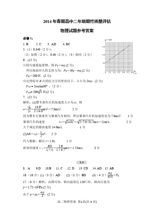 南阳市2014年春期期末考试高二物理参考答案