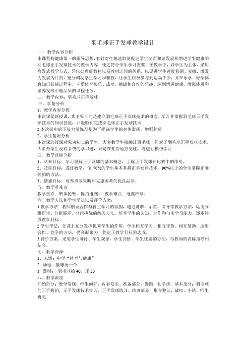 羽毛球正手发球教学设计 五 教学重难点 教学重点：转体抡臂 挥拍甩腕  教学难点：甩腕击球  六 教