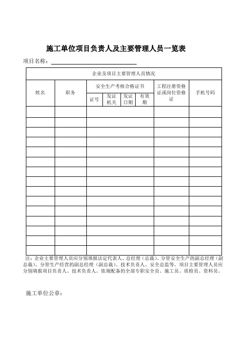 施工单位项目负责人及主要管理人员一览表