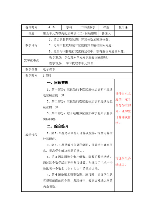 青岛版二年级数学下册第五单元万以内的加减法(二)回顾整理