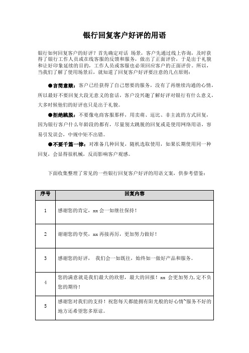 银行回复客户好评的用语