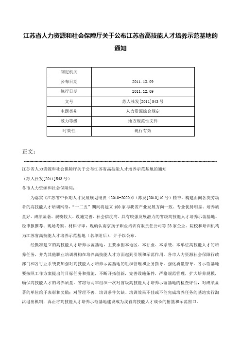 江苏省人力资源和社会保障厅关于公布江苏省高技能人才培养示范基地的通知-苏人社发[2011]543号