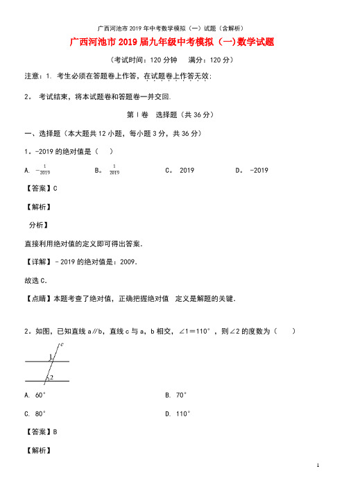 广西河池市2019年中考数学模拟(一)试题(含解析)