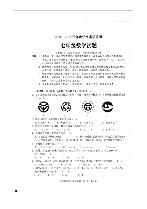 广东省普宁市2018-2019学年七年级下学期期末考试数学试题(扫描版)