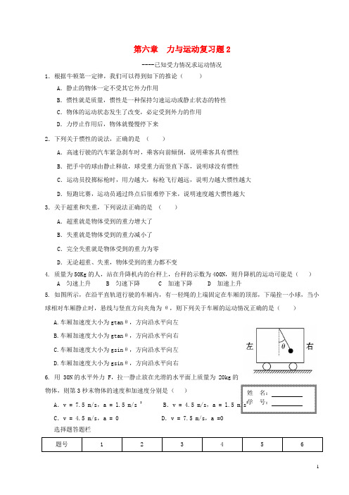 高中物理 第六章 力与运动复习题2 鲁科版必修1