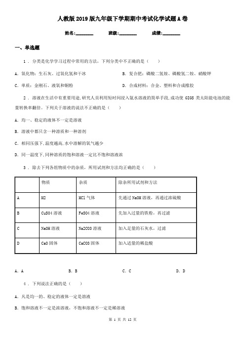 人教版2019版九年级下学期期中考试化学试题A卷