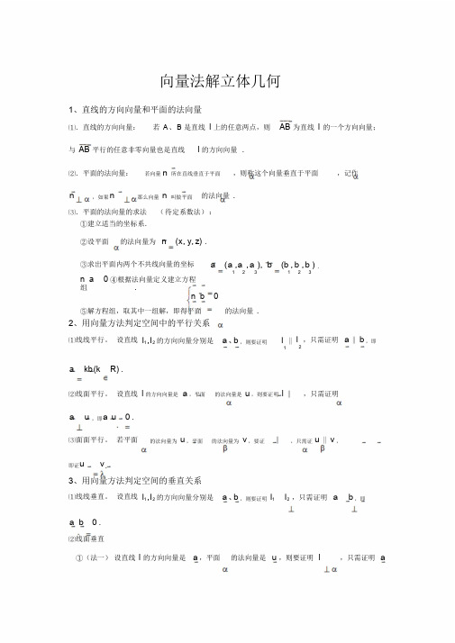 高中数学：向量法解立体几何总结