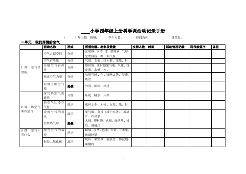 小学四年级上册科学课活动记录表