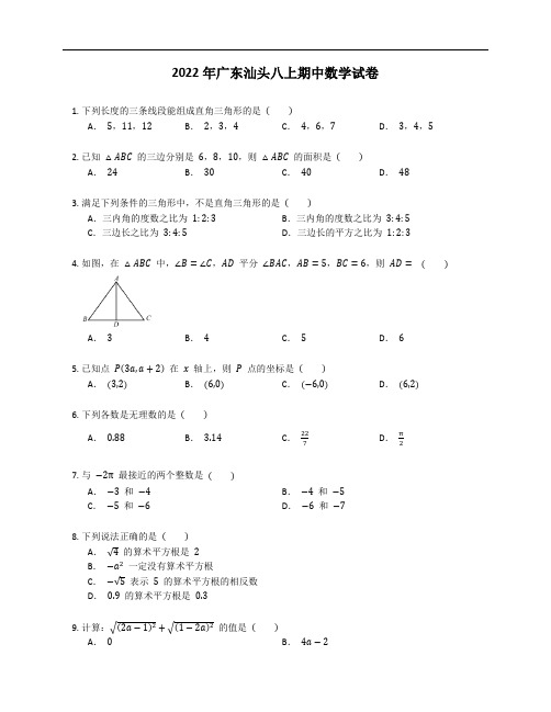 2022年广东汕头八上期中数学试卷(含答案)